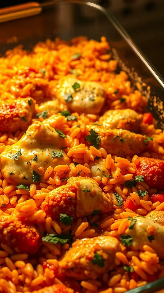 A close-up of a spicy chicken and rice casserole with vibrant colors and fresh herbs.