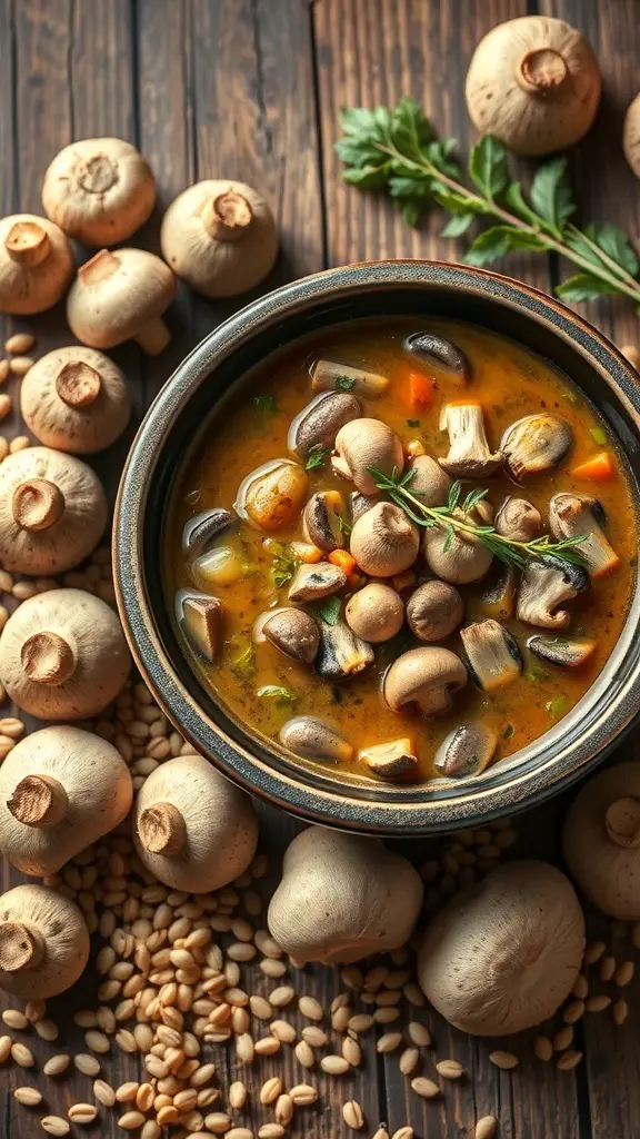 A bowl of mushroom and barley stew surrounded by fresh mushrooms and barley grains.