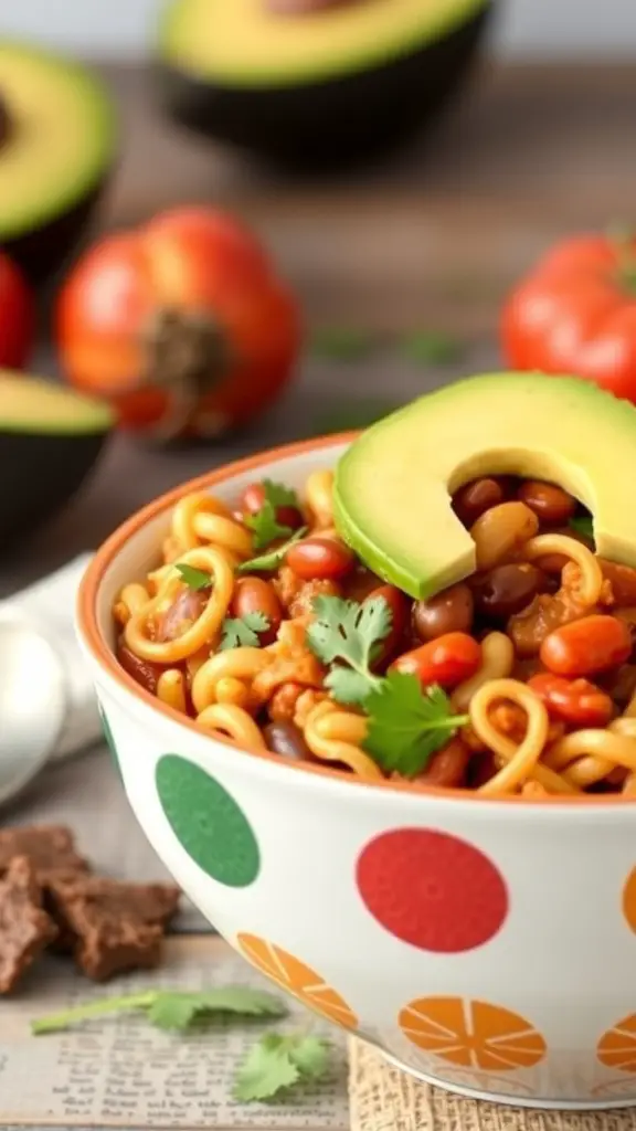 A bowl of Vegetarian Ditalini and Bean Chili topped with avocado and cilantro, surrounded by fresh tomatoes and avocado halves.