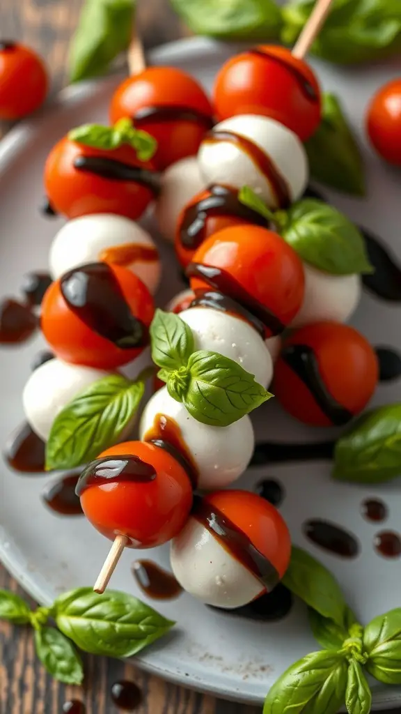Mini Caprese skewers with cherry tomatoes, mozzarella balls, and basil drizzled with balsamic glaze.