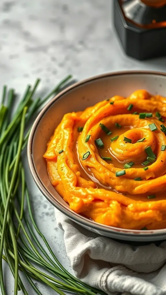 A bowl of sweet potato and cellentani mash garnished with chives, surrounded by fresh chives.