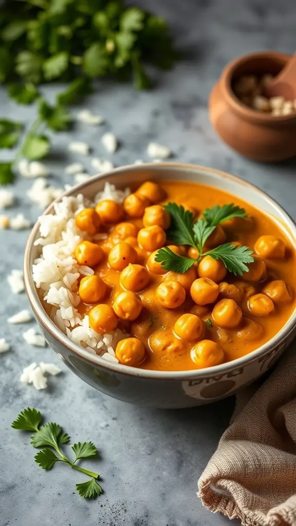 A bowl of coconut curry chickpeas served with rice, garnished with cilantro.