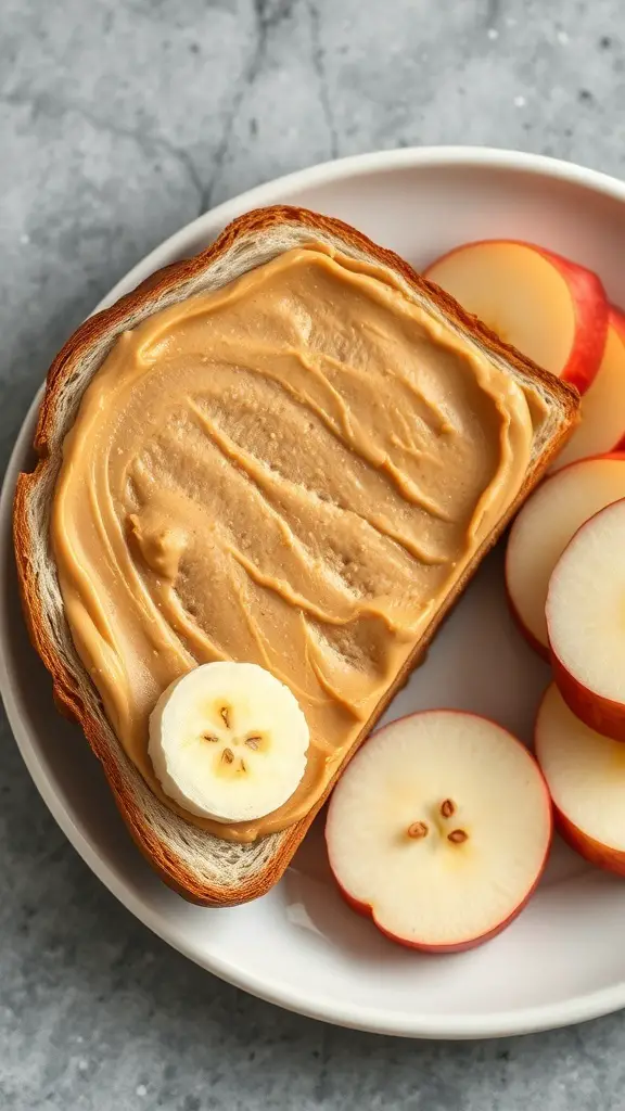 A peanut butter and banana sandwich on a plate with apple slices