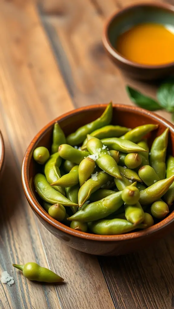 A bowl of edamame pods sprinkled with sea salt on a wooden table.