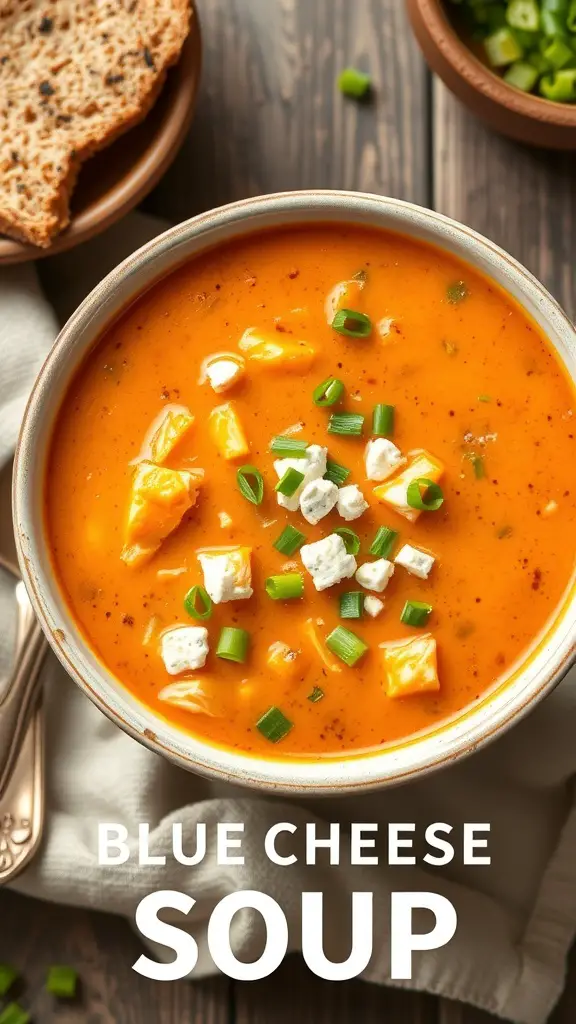 A bowl of buffalo chicken soup topped with blue cheese and green onions, served with bread on the side.