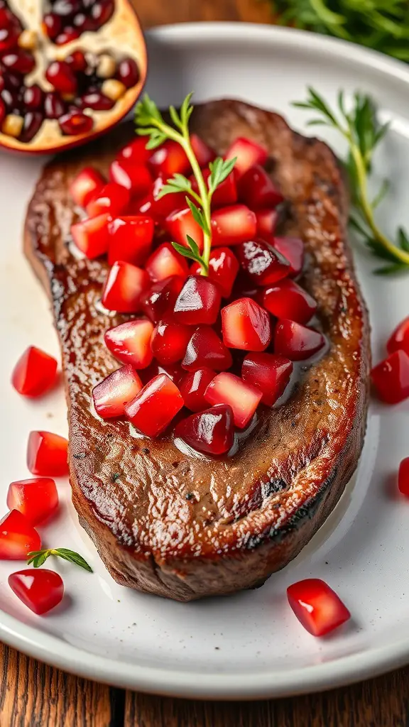 A venison steak topped with pomegranate salsa, garnished with fresh herbs on a white plate.
