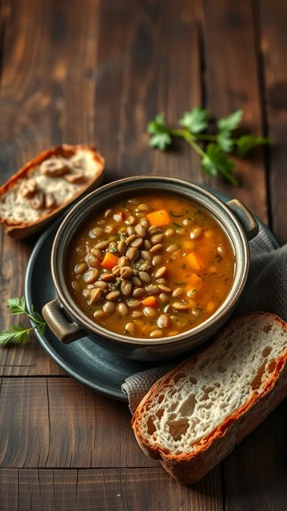 A bowl of lentil soup with crusty bread on a wooden table