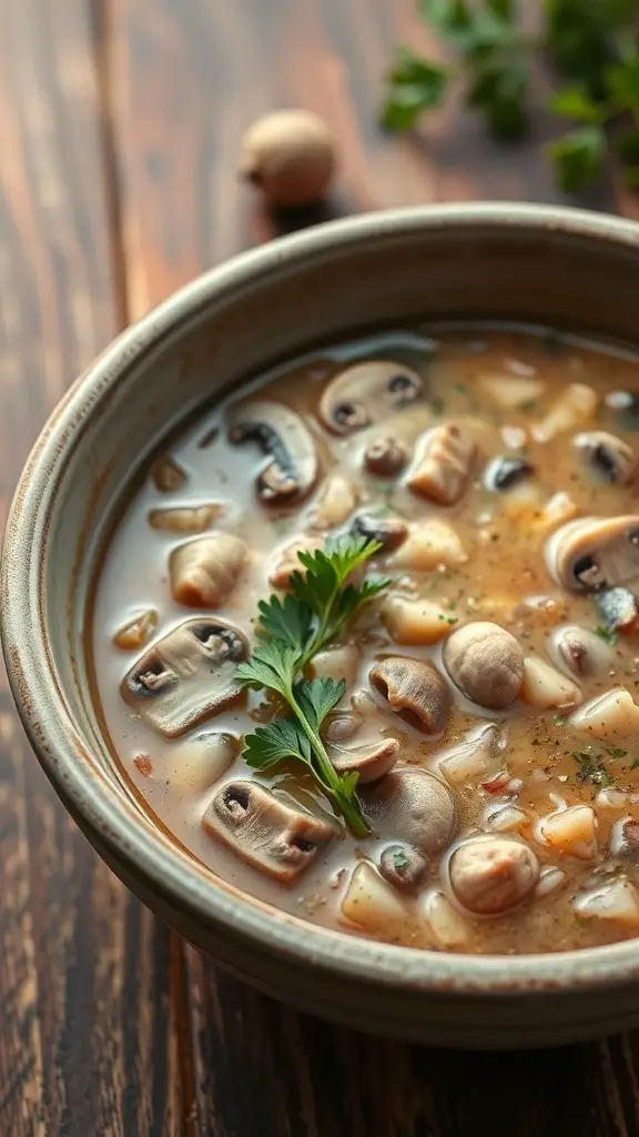 A bowl of mushroom and wild rice soup with fresh parsley on top.
