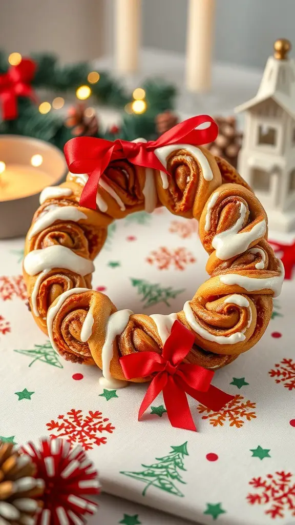 A beautifully decorated cinnamon roll wreath with icing and a red ribbon, set on a festive table.