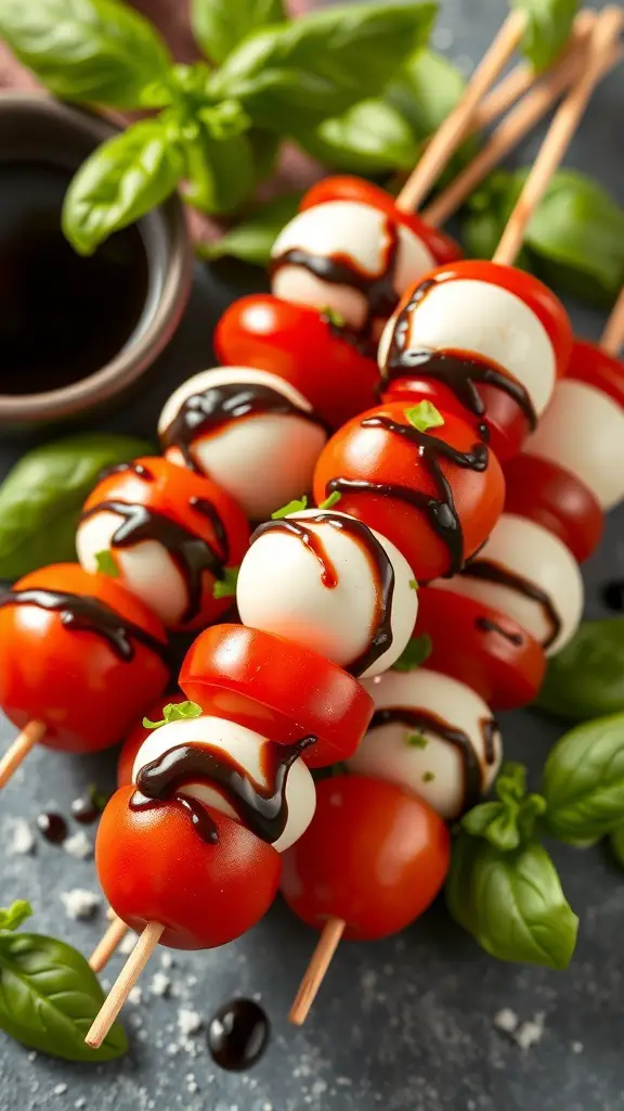 Caprese skewers with cherry tomatoes, mozzarella, basil, and balsamic drizzle on a dark background.