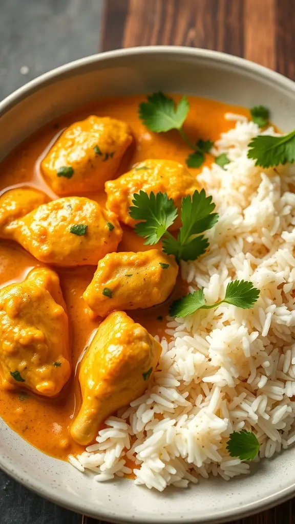 A bowl of coconut curry chicken tenderloins served with rice and garnished with cilantro.