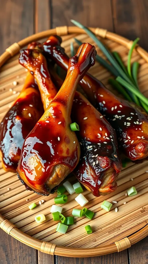 Teriyaki turkey legs glazed with sauce, garnished with green onions and sesame seeds