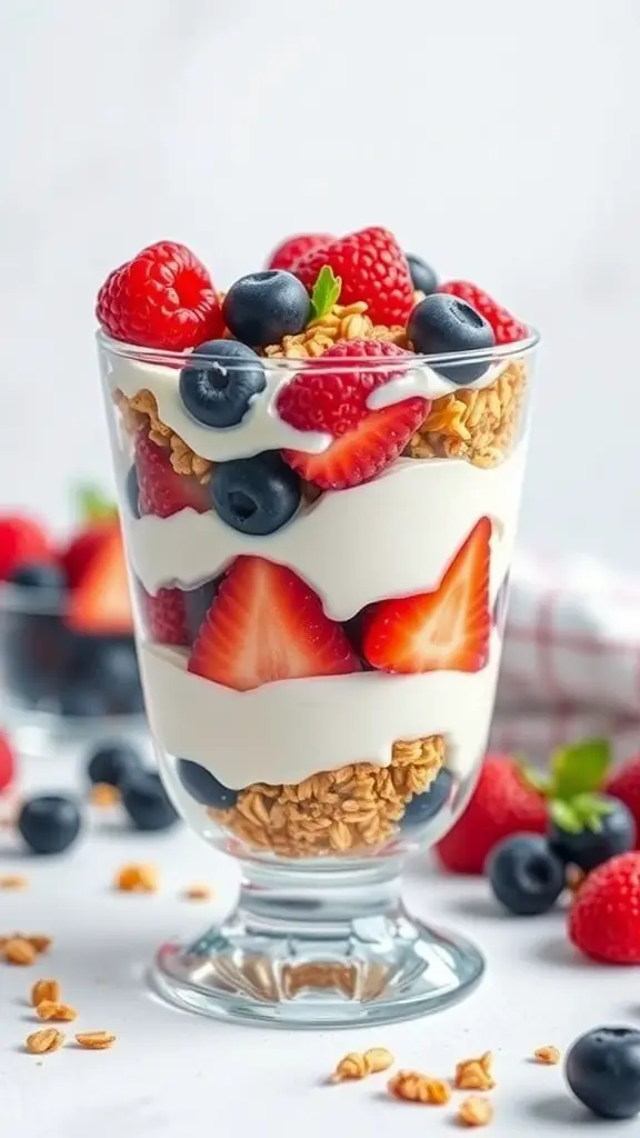 A delicious berry parfait with layers of yogurt, granola, and fresh berries in a glass.