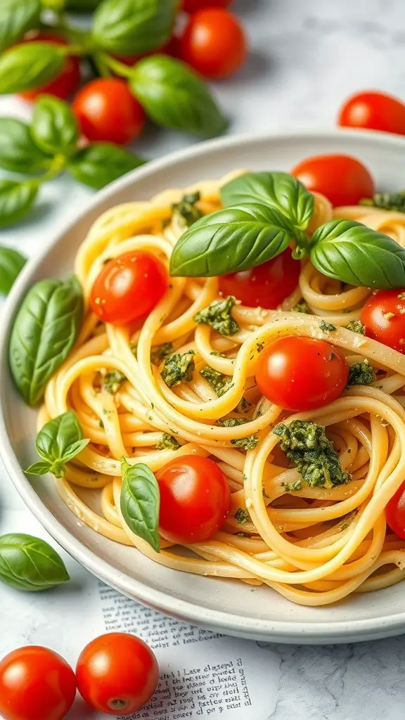A bowl of egg noodles with pesto, cherry tomatoes, and fresh basil leaves