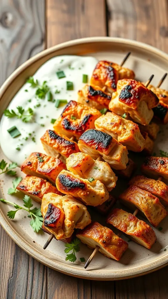 Grilled Mediterranean turkey kebabs served with a creamy sauce and garnished with herbs.