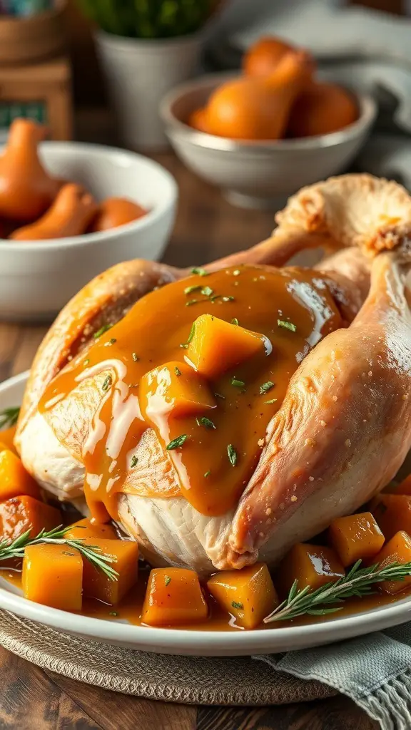 A slow-cooked turkey with sauce and butternut squash on a plate.