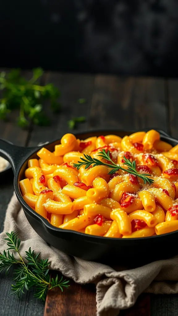 A delicious serving of baked macaroni and cheese in a cast iron skillet, garnished with herbs.