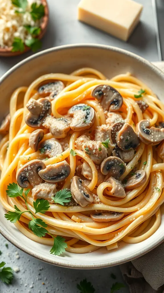 A bowl of creamy chicken and mushroom pasta with parsley and cheese on top.