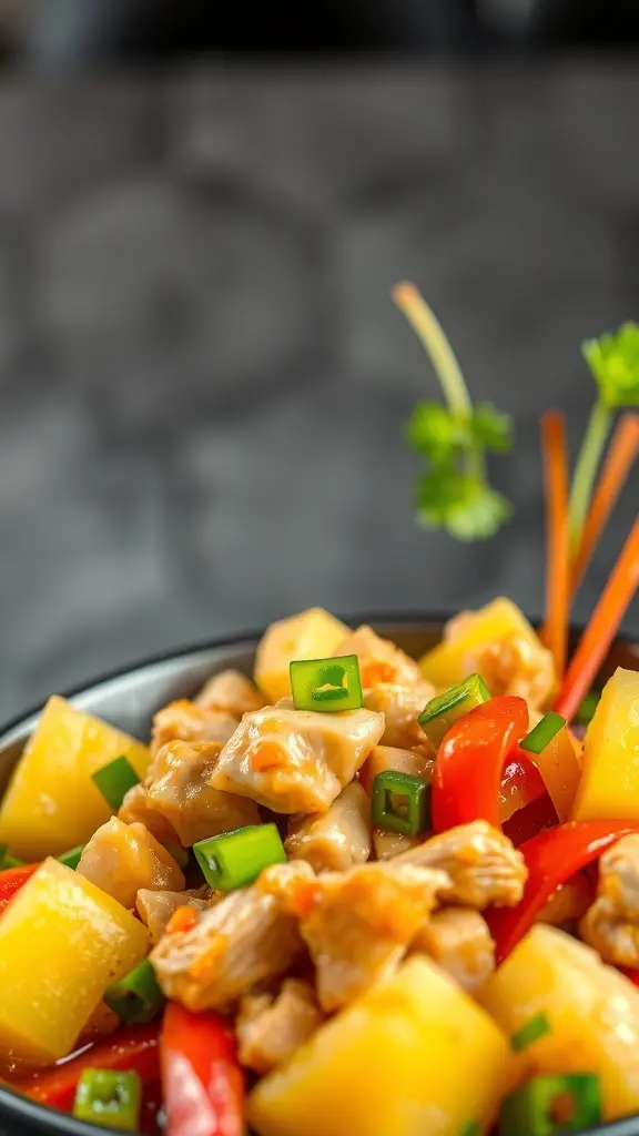 A bowl of sweet and sour chicken with diced chicken breast, pineapple, and bell peppers.
