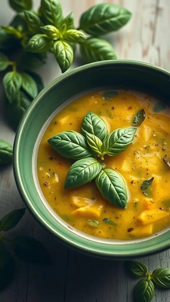 A bowl of Zucchini and Basil Soup garnished with fresh basil leaves.