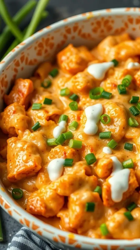 A creamy Buffalo Chicken Alfredo Bake topped with green onions and ranch dressing.
