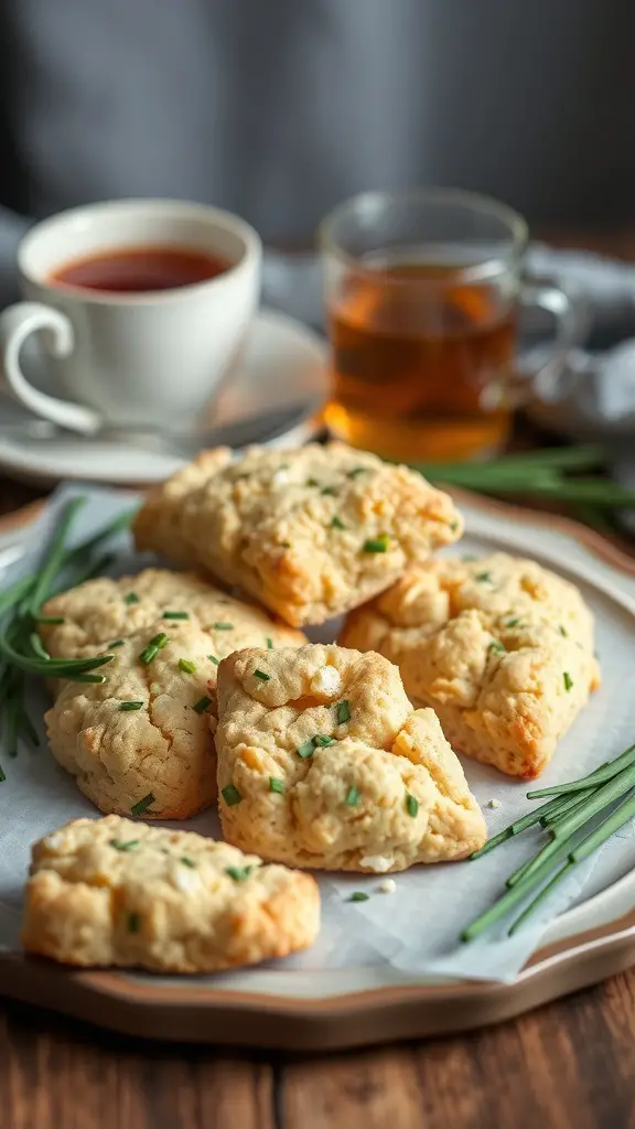 Savory cheddar and chive scones on a wooden platter with tea and herbs