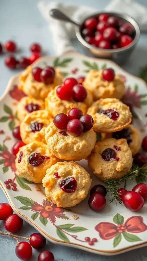 A platter of cranberry brie bites topped with fresh cranberries, surrounded by more cranberries and greenery.