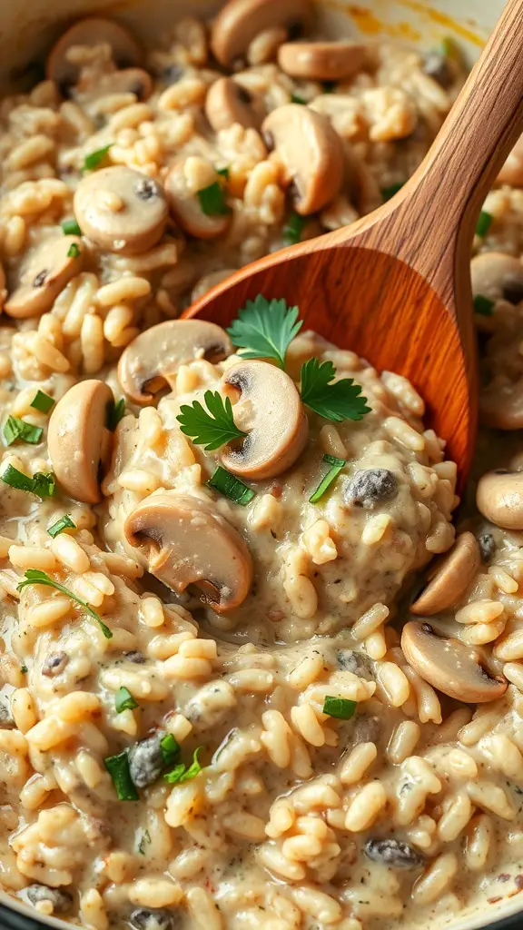 A creamy mushroom risotto with sliced mushrooms and fresh herbs, served in a bowl with a wooden spoon.