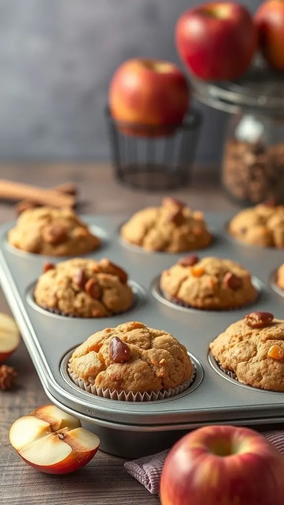 A tray of spiced apple cider muffins with fresh apples in the background.
