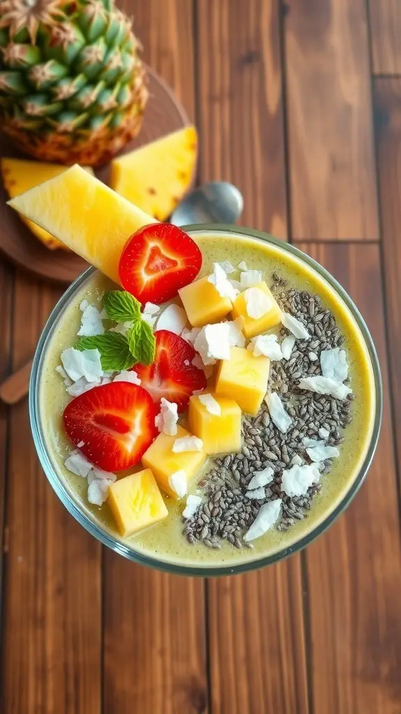 A colorful Tropical Paradise Smoothie Bowl topped with strawberries, mango, chia seeds, and coconut flakes.