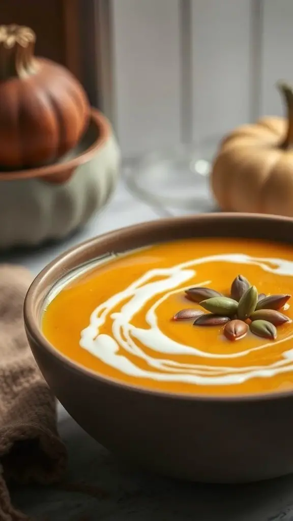 A bowl of creamy butternut squash soup garnished with pumpkin seeds, with decorative pumpkins in the background.