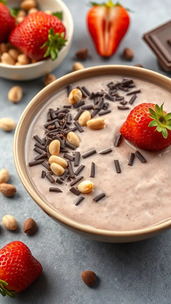 A smoothie bowl topped with dark chocolate shavings, strawberries, and nuts.