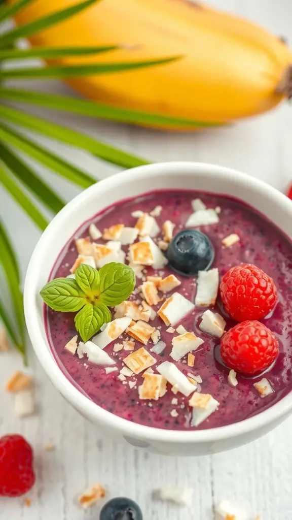 A colorful acai bowl topped with coconut flakes, raspberries, blueberries, and mint.