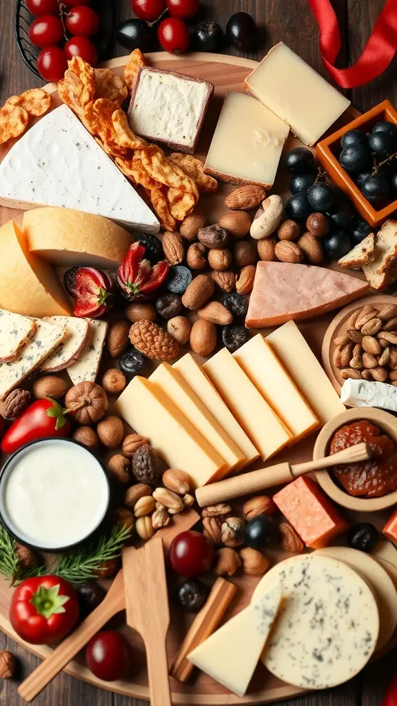 A beautifully arranged cheese and charcuterie board with various cheeses, meats, nuts, and fruits.