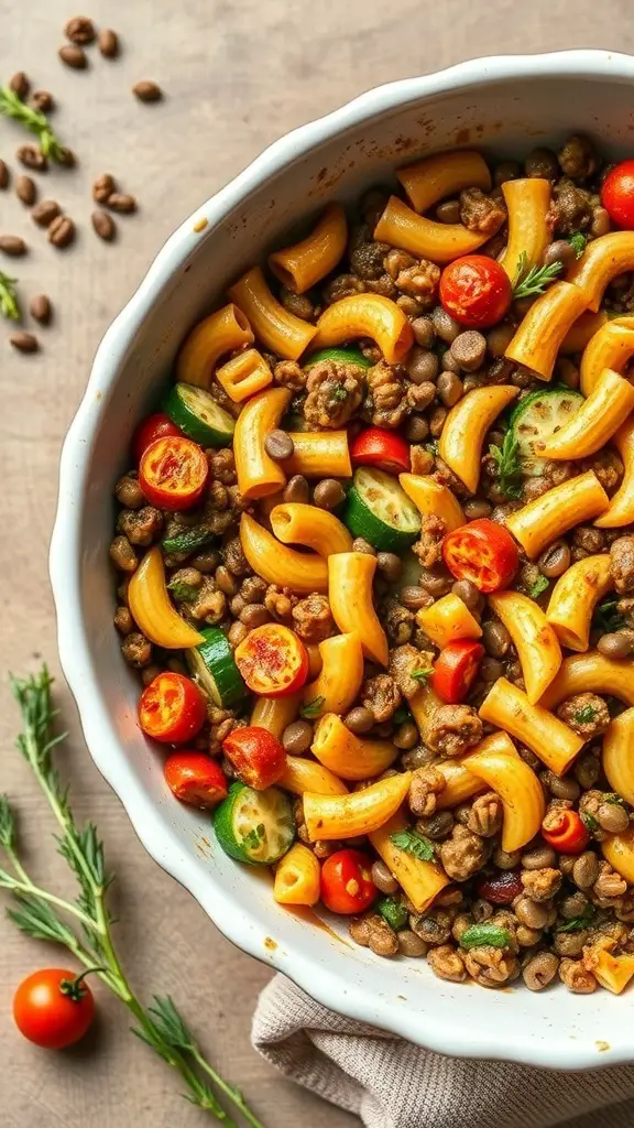 A colorful lentil and vegetable pasta casserole in a baking dish, featuring macaroni, cherry tomatoes, and zucchini.