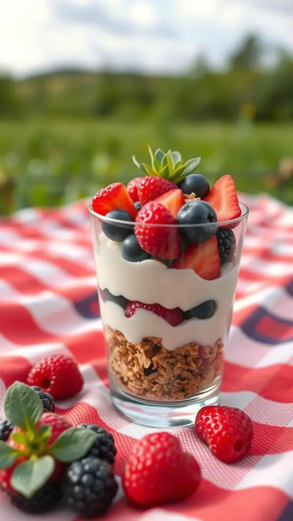 A delicious Greek yogurt parfait with layers of yogurt, berries, and granola in a glass.
