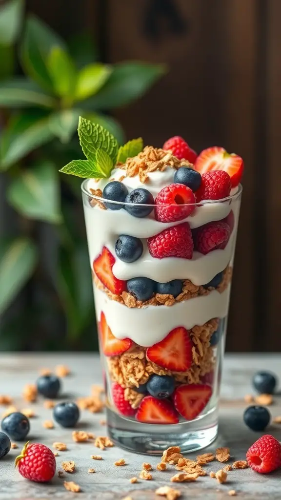 A Greek yogurt parfait with layers of yogurt, strawberries, blueberries, raspberries, and granola, garnished with a mint leaf.