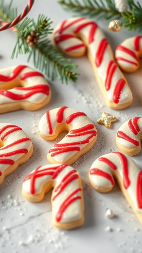 Candy cane shaped sugar cookies decorated with red icing on a marble surface