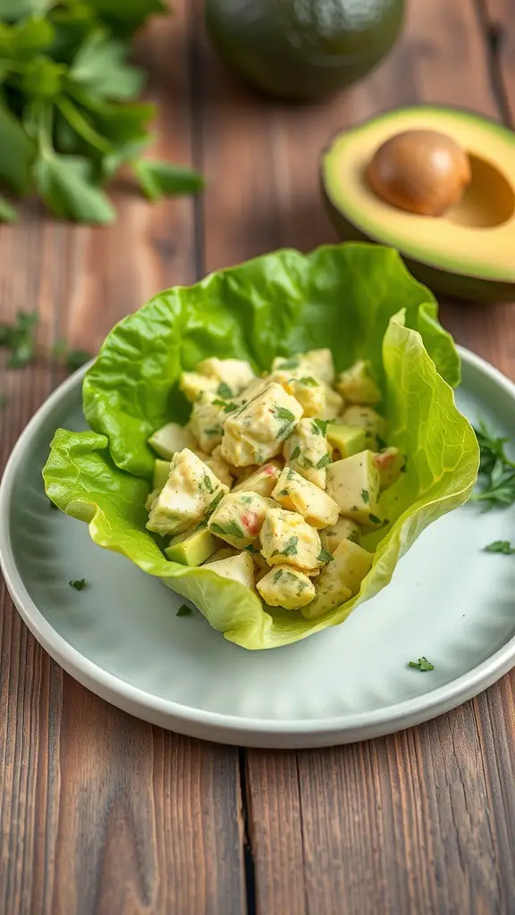 A plate with avocado egg salad in a lettuce wrap, garnished with herbs.