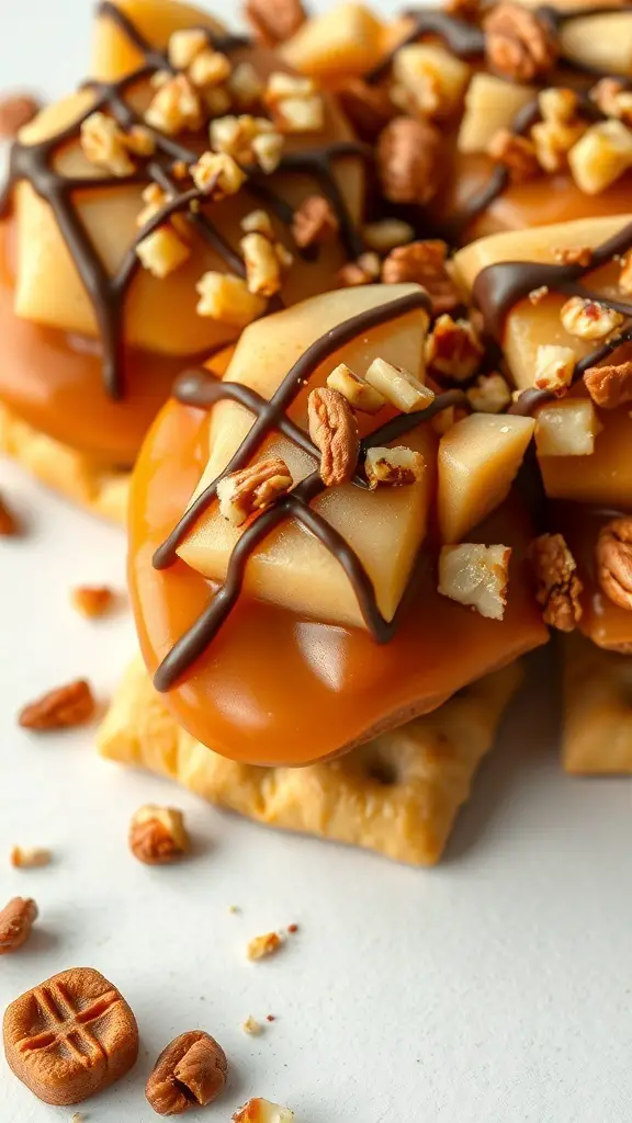 A close-up of Ritz cracker nachos topped with caramel, apple slices, chocolate drizzle, and nuts.