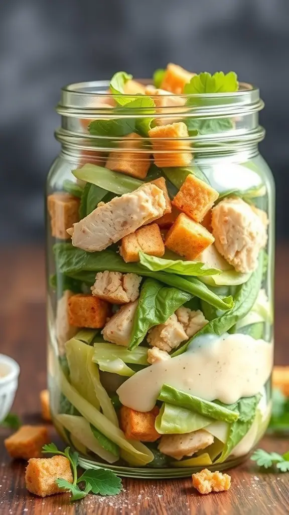 A jar filled with Chicken Caesar Salad, featuring layers of lettuce, chicken, croutons, and dressing.