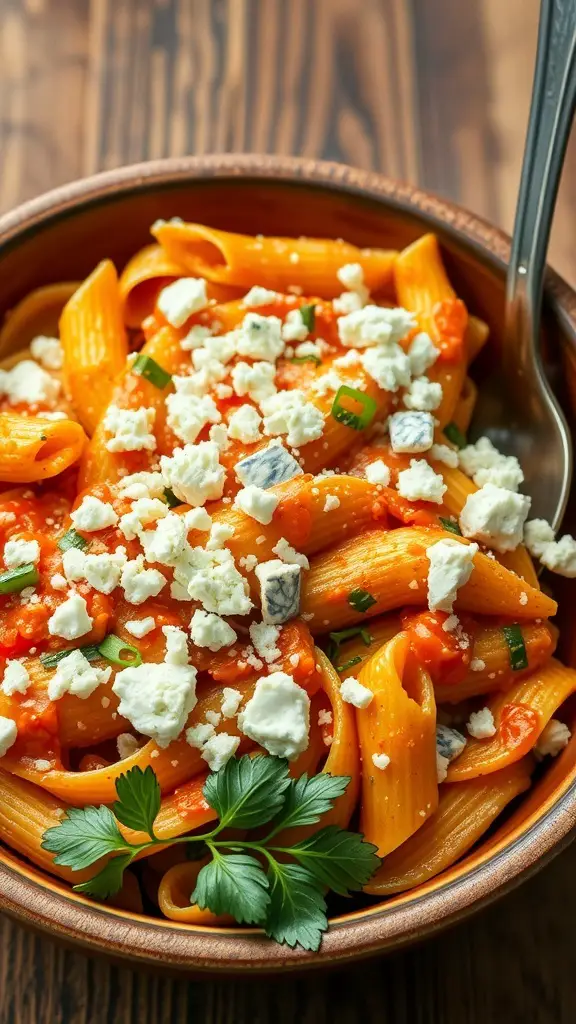 A bowl of elbow pasta with buffalo sauce and crumbled cheese
