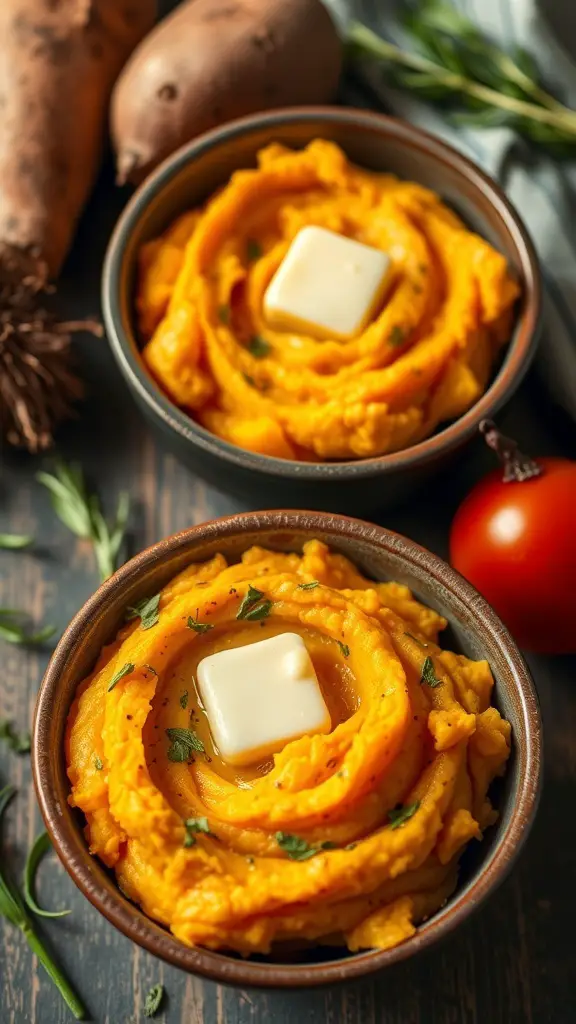 A bowl of creamy mashed sweet potatoes topped with butter and herbs, with whole sweet potatoes in the background.