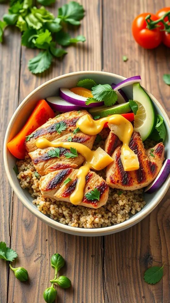 A colorful grilled chicken quinoa bowl with vegetables and sauce.
