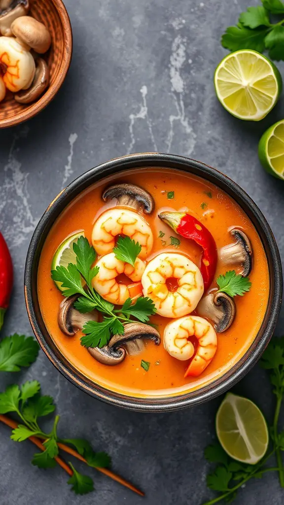 A bowl of Thai Coconut Curry Soup with shrimp, mushrooms, and fresh herbs.