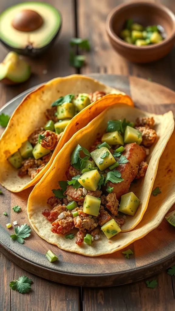 Wild turkey tacos topped with avocado salsa on a wooden plate