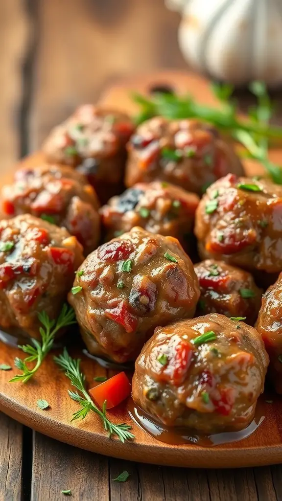 A plate of beef and pork meatballs with garlic, garnished with herbs and red peppers.