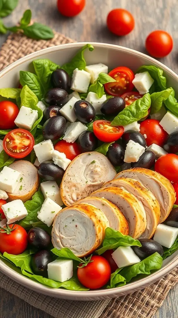A colorful Mediterranean chicken tenderloin salad with fresh greens, cherry tomatoes, black olives, and feta cheese.