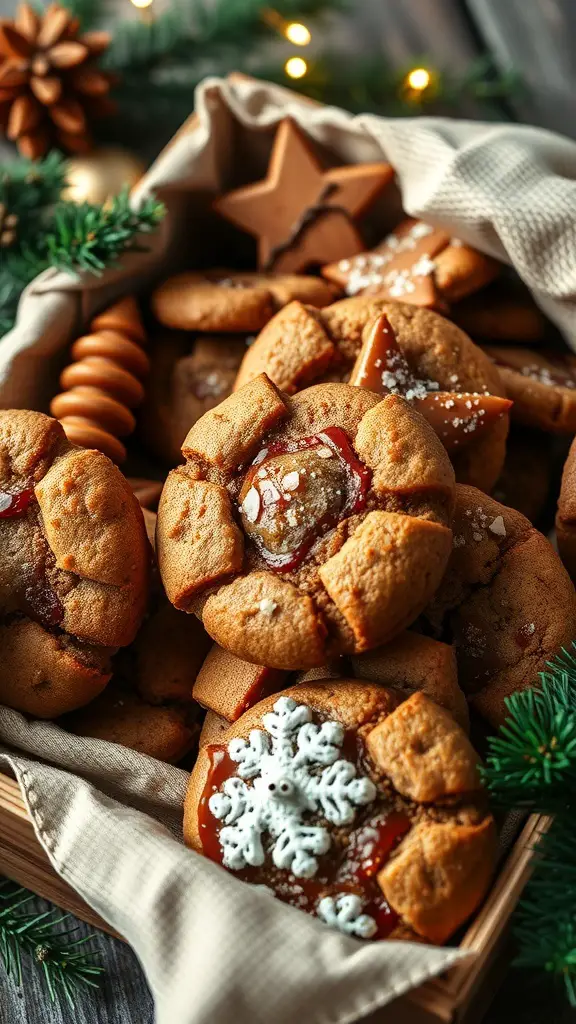 A wooden box filled with assorted molasses cookies, some decorated with icing and others with sugar, surrounded by holiday decorations.