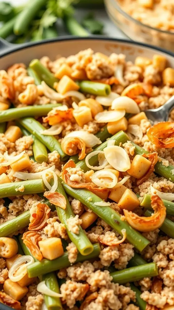 A delicious ground turkey and green bean casserole with pasta and crispy toppings.